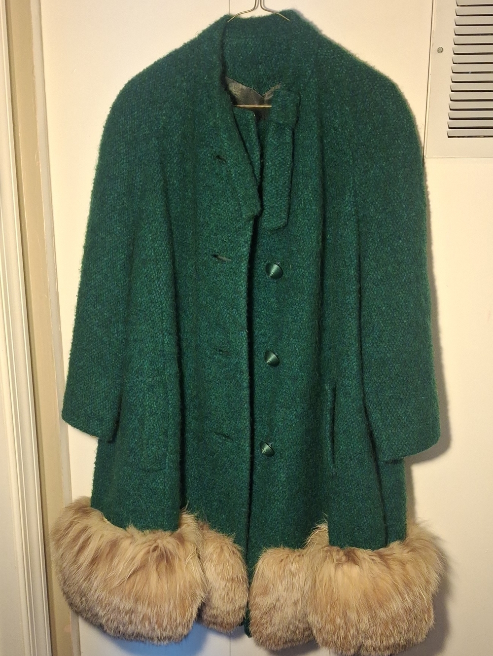 Vintage Green Fur Trim Wool-Blend Coat